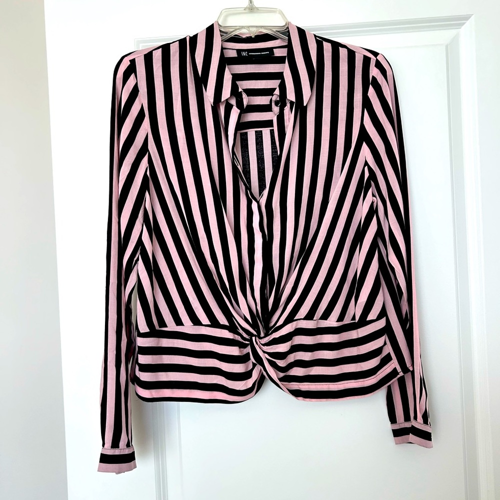 Women’s INC International Concepts Pink Black Striped Button Down Blouse - Sz M